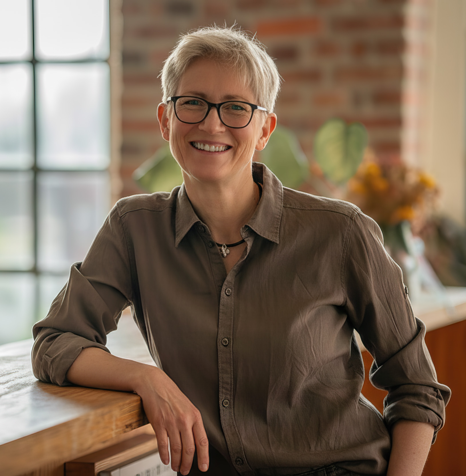 Katzenpsychologin Anja Ludwig lehnt an einem Tresen.