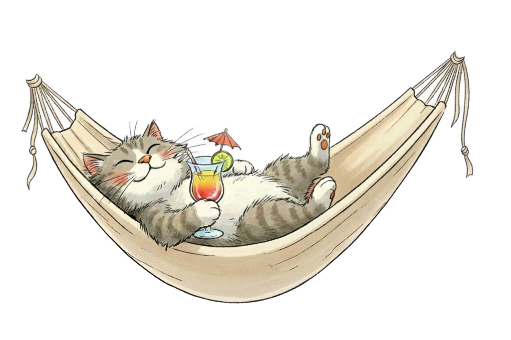 Cartoon Katze liegt in einer Hängematte